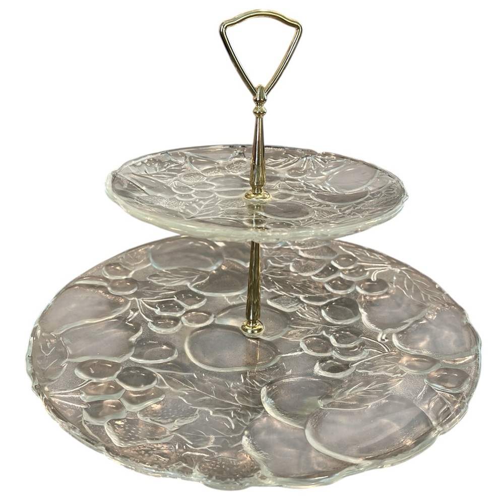 Vintage 2-Tier Clear Glass Serving Tray with Fruit Design